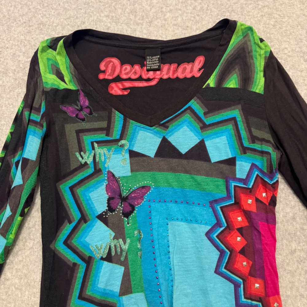 Desigual Women Long Sleeve Asymmetrical Butterfly Graphic Top V-Neck Black Y2K - Picture 5 of 8